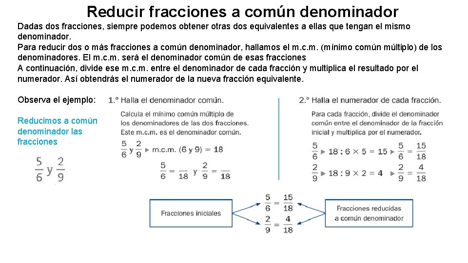 Reducir fracciones a común denominador Dadas dos fracciones, siempre podemos obtener otras dos equivalentes