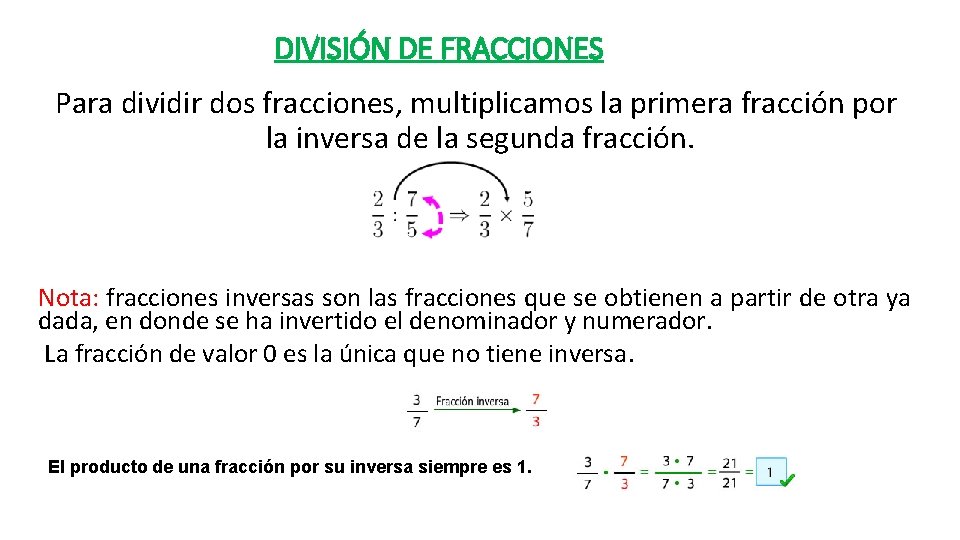 DIVISIÓN DE FRACCIONES Para dividir dos fracciones, multiplicamos la primera fracción por la inversa