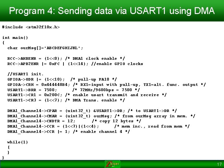 Program 4: Sending data via USART 1 using DMA #include <stm 32 f 10