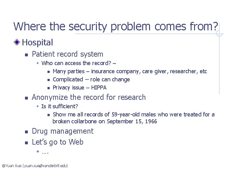 Where the security problem comes from? Hospital n Patient record system w Who can