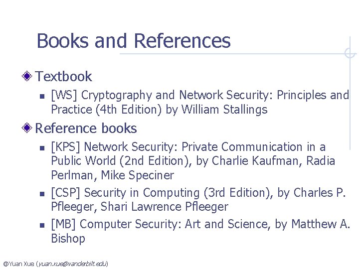 Books and References Textbook n [WS] Cryptography and Network Security: Principles and Practice (4