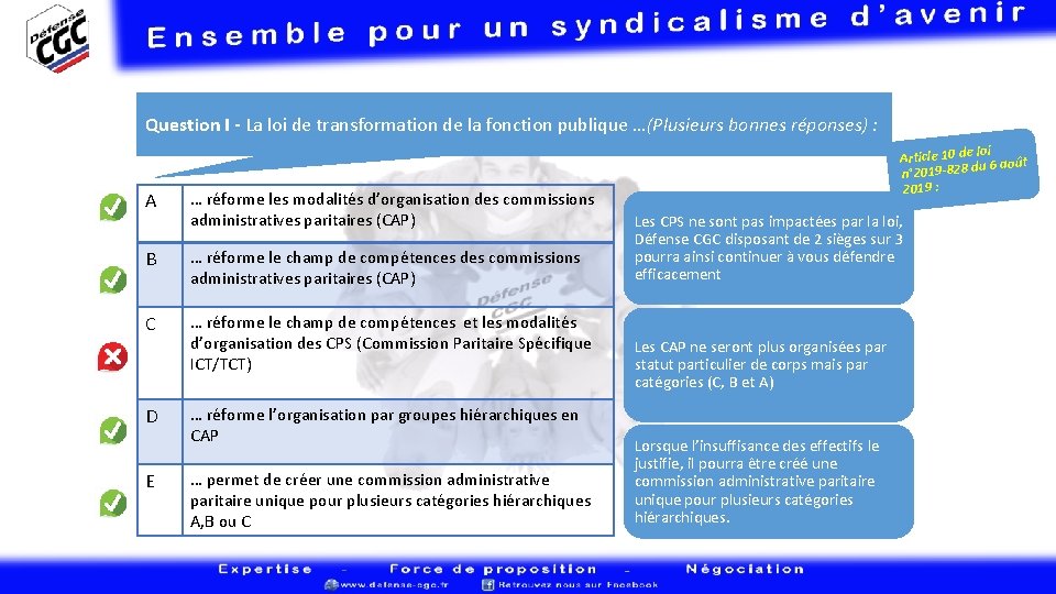 Question I - La loi de transformation de la fonction publique …(Plusieurs bonnes réponses)