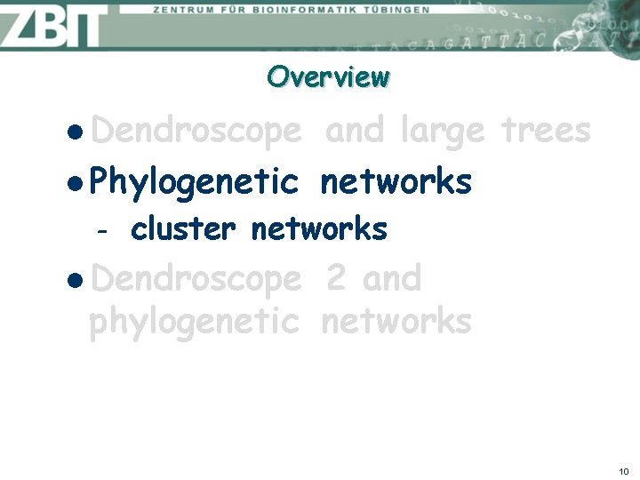 Overview l Dendroscope and large trees l Phylogenetic networks – cluster networks l Dendroscope