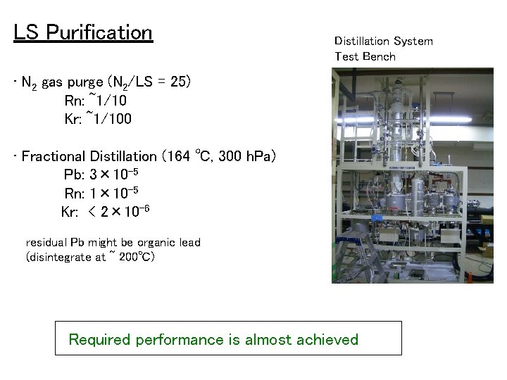 LS Purification Distillation System Test Bench • N 2 gas purge (N 2/LS =