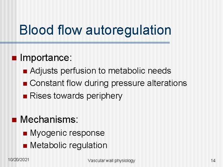 Blood flow autoregulation n Importance: Adjusts perfusion to metabolic needs n Constant flow during