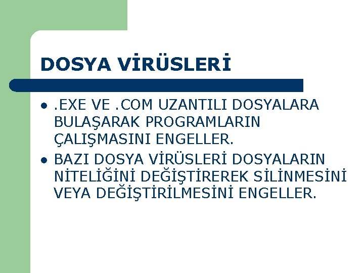 DOSYA VİRÜSLERİ l l . EXE VE. COM UZANTILI DOSYALARA BULAŞARAK PROGRAMLARIN ÇALIŞMASINI ENGELLER.