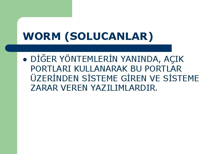 WORM (SOLUCANLAR) l DİĞER YÖNTEMLERİN YANINDA, AÇIK PORTLARI KULLANARAK BU PORTLAR ÜZERİNDEN SİSTEME GİREN