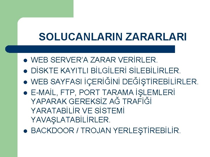 SOLUCANLARIN ZARARLARI l l l WEB SERVER’A ZARAR VERİRLER. DİSKTE KAYITLI BİLGİLERİ SİLEBİLİRLER. WEB