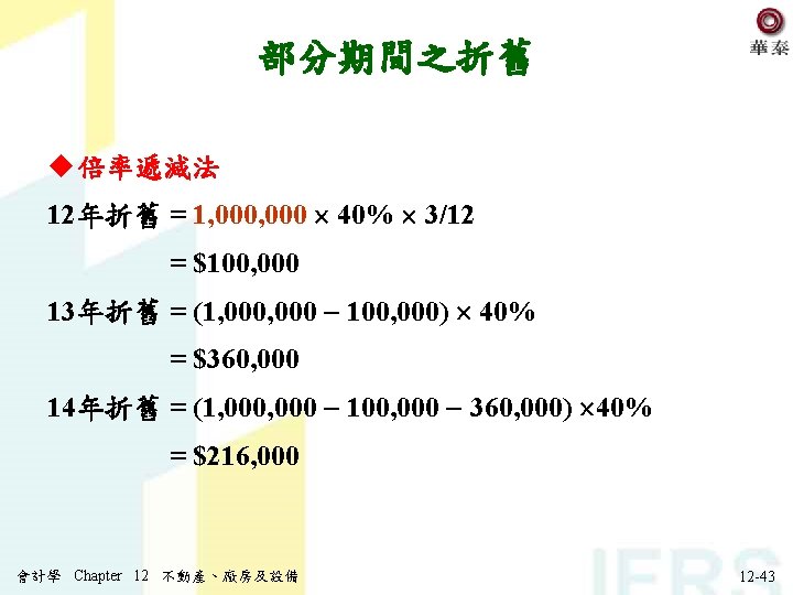 部分期間之折舊 u 倍率遞減法 12年折舊 = 1, 000 40% 3/12 = $100, 000 13年折舊 =