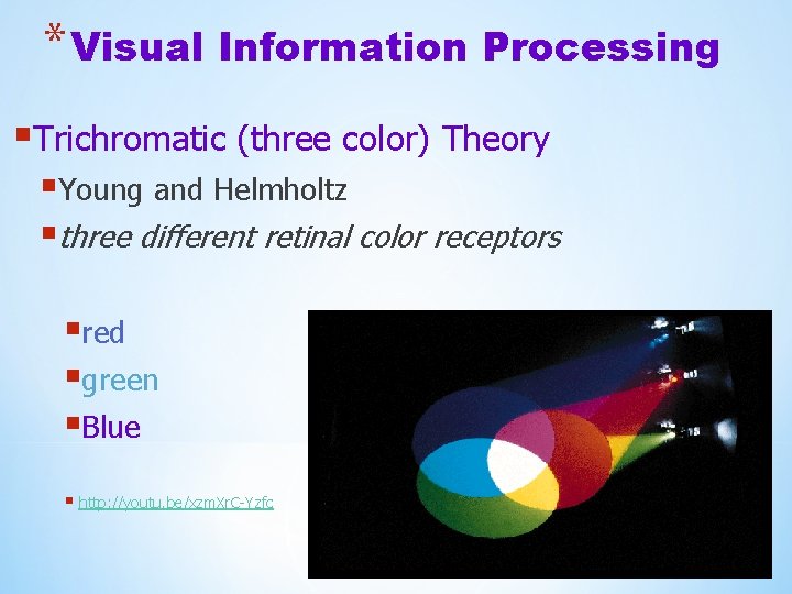 * Visual Information Processing §Trichromatic (three color) Theory §Young and Helmholtz §three different retinal