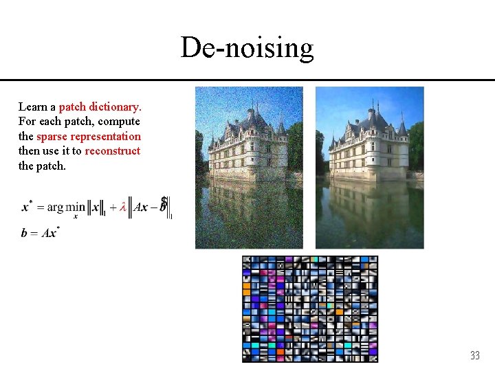 De-noising Learn a patch dictionary. For each patch, compute the sparse representation then use