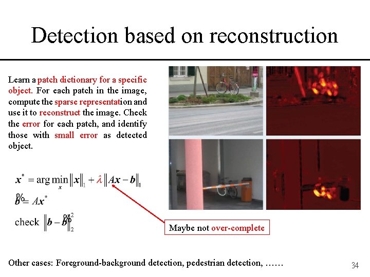 Detection based on reconstruction Learn a patch dictionary for a specific object. For each