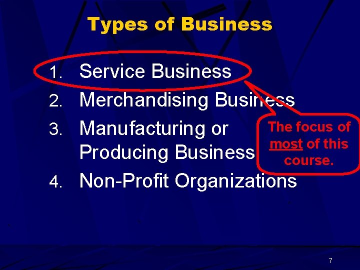 Types of Business 1. Service Business 2. Merchandising Business 3. Manufacturing or The focus