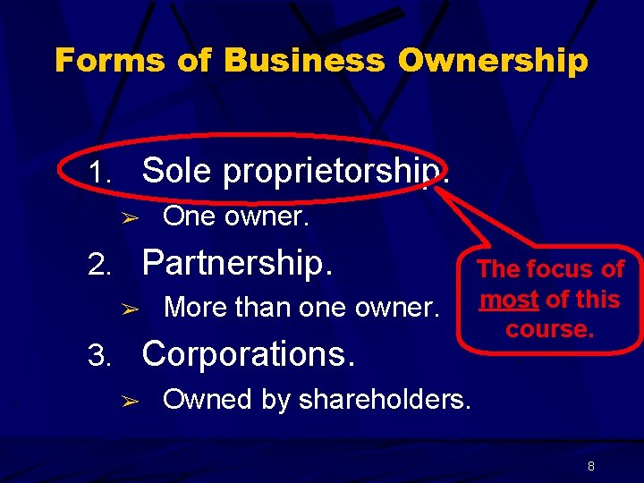 Forms of Business Ownership 1. Sole proprietorship. ➢ One owner. 2. Partnership. ➢ More