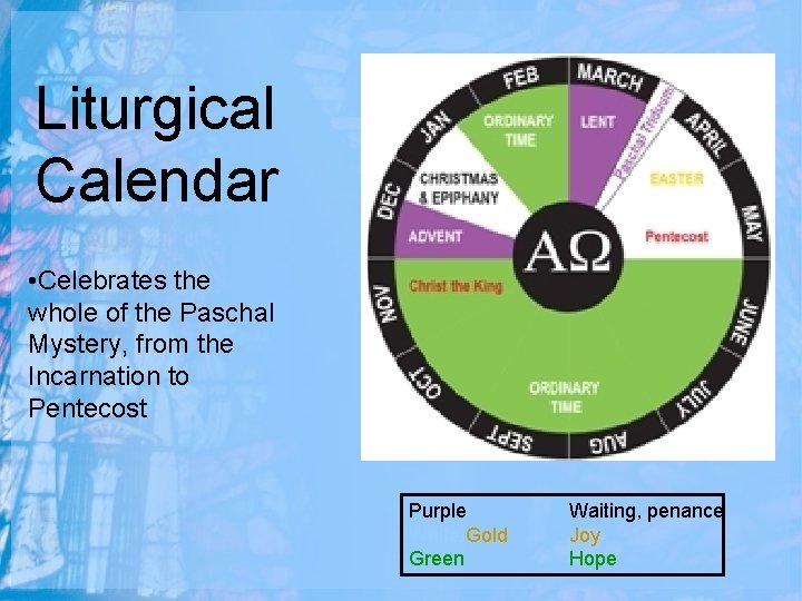 Liturgical Calendar • Celebrates the whole of the Paschal Mystery, from the Incarnation to