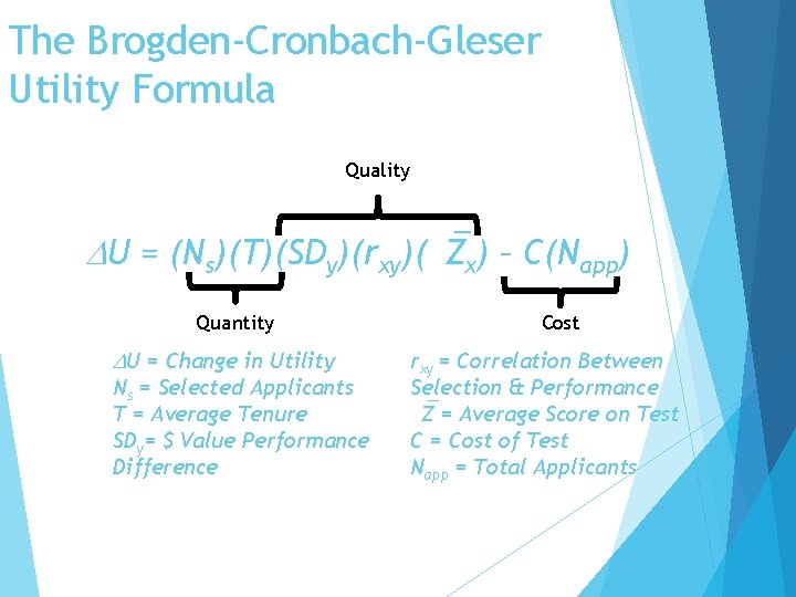 The Brogden-Cronbach-Gleser Utility Formula Quality U = (Ns)(T)(SDy)(rxy)( Zx) – C(Napp) Quantity U =