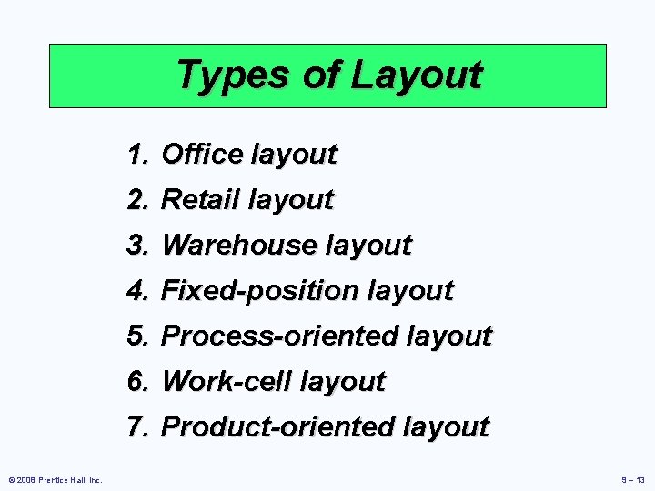 Types of Layout 1. Office layout 2. Retail layout 3. Warehouse layout 4. Fixed-position