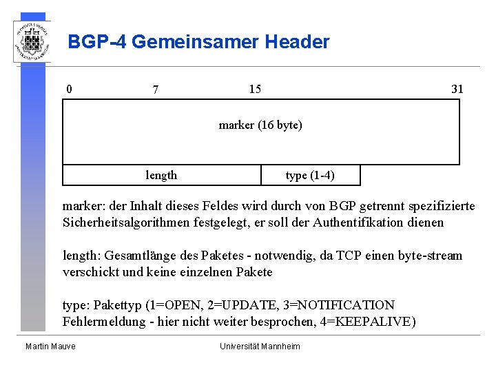 BGP-4 Gemeinsamer Header 0 7 15 31 marker (16 byte) length type (1 -4)