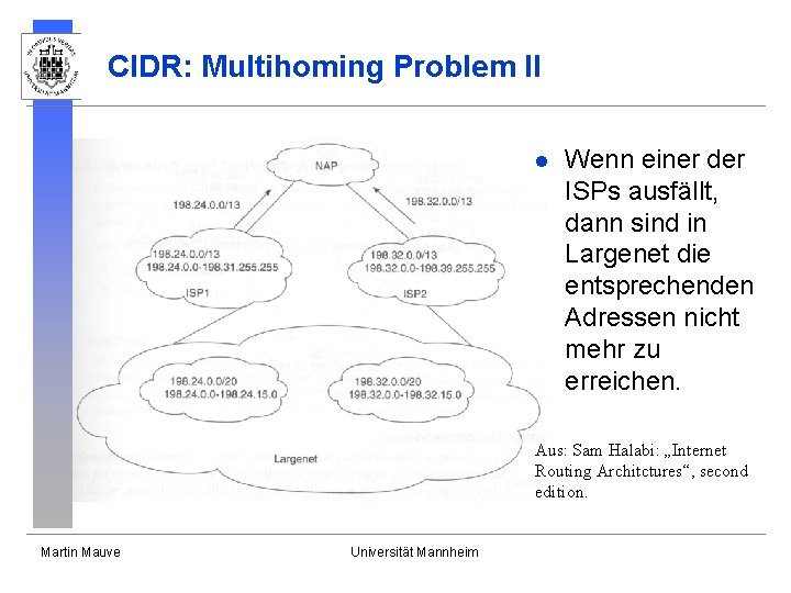 CIDR: Multihoming Problem II l Wenn einer der ISPs ausfällt, dann sind in Largenet