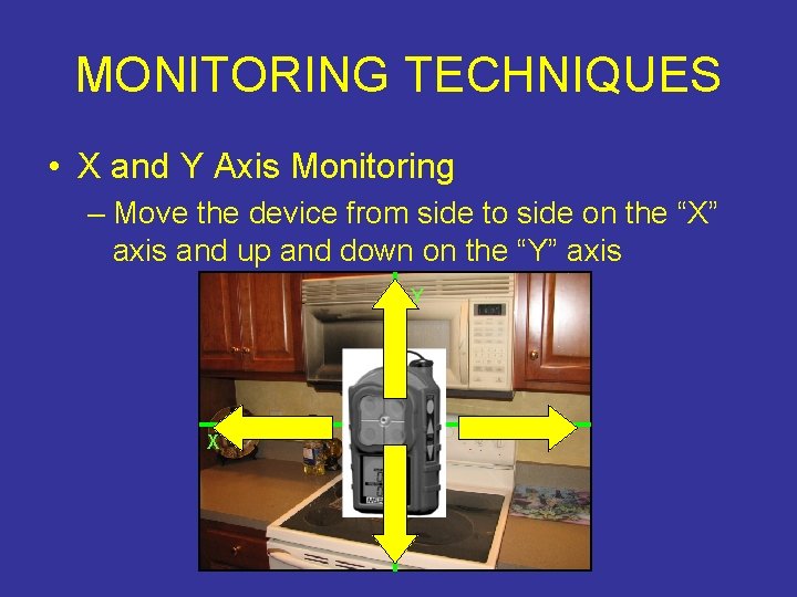 MONITORING TECHNIQUES • X and Y Axis Monitoring – Move the device from side