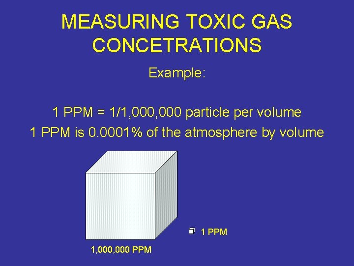 MEASURING TOXIC GAS CONCETRATIONS Example: 1 PPM = 1/1, 000 particle per volume 1