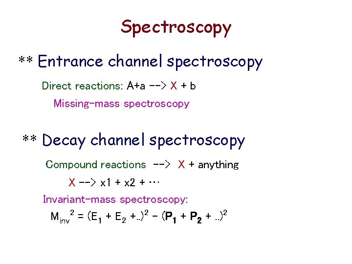 Spectroscopy ** Entrance channel spectroscopy Direct reactions: A+a --> X + b Missing-mass spectroscopy