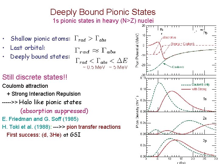 Deeply Bound Pionic States 1 s pionic states in heavy (N>Z) nuclei • Shallow