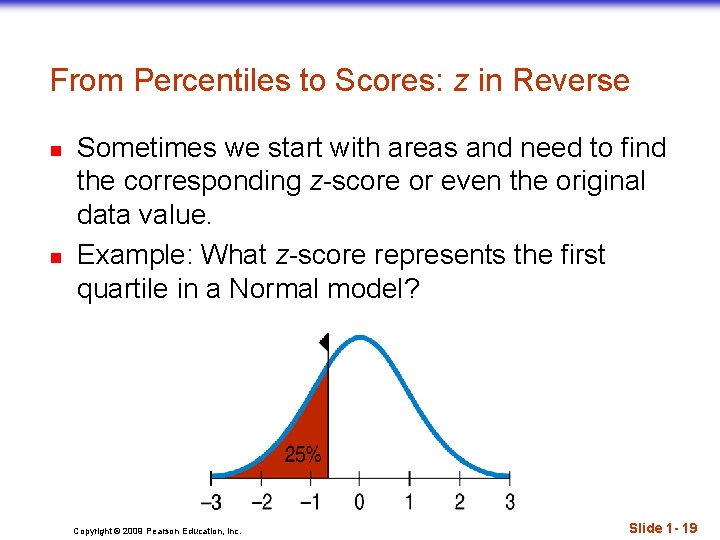 From Percentiles to Scores: z in Reverse n n Sometimes we start with areas