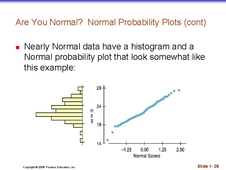 Are You Normal? Normal Probability Plots (cont) n Nearly Normal data have a histogram