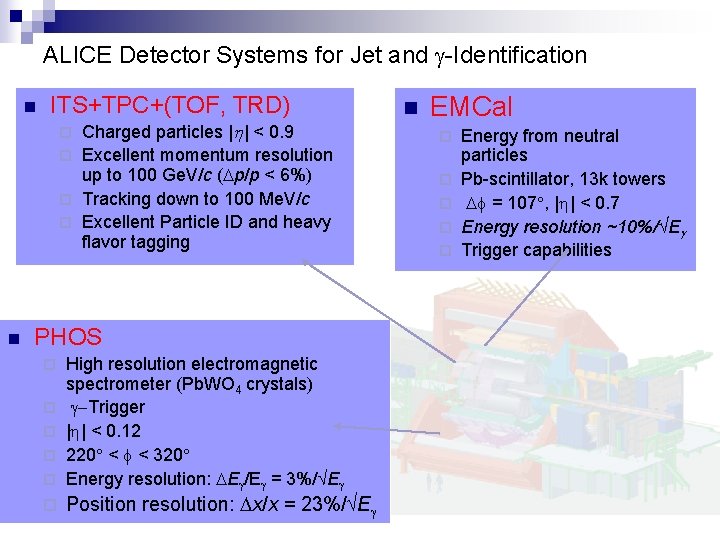 ALICE Detector Systems for Jet and g-Identification n ITS+TPC+(TOF, TRD) Charged particles |h| <