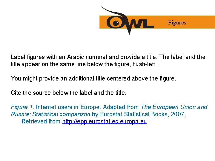 Figures Label figures with an Arabic numeral and provide a title. The label and