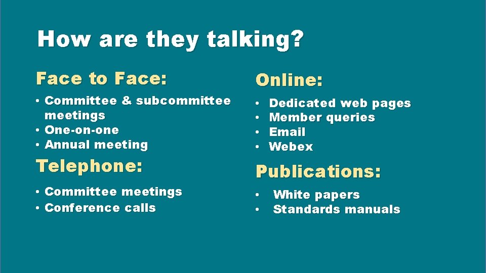 How are they talking? Face to Face: • Committee & subcommittee meetings • One-on-one