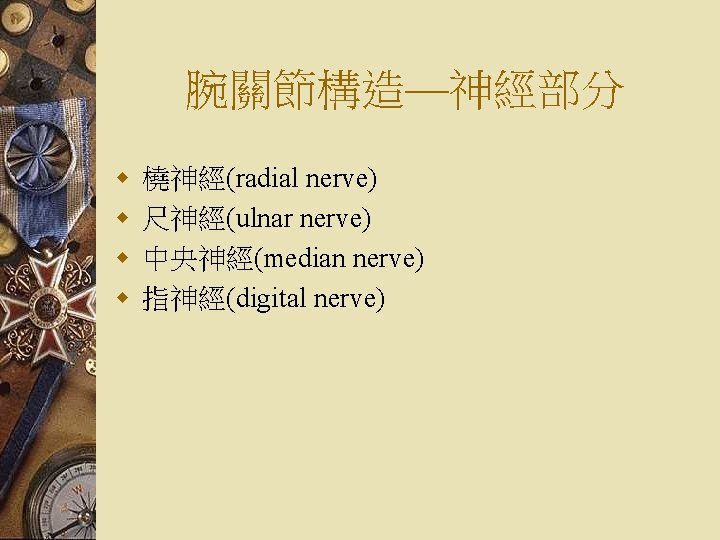 腕關節構造—神經部分 w w 橈神經(radial nerve) 尺神經(ulnar nerve) 中央神經(median nerve) 指神經(digital nerve) 