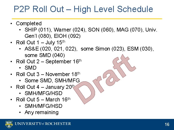 P 2 P Roll Out – High Level Schedule • Completed • SHIP (011),