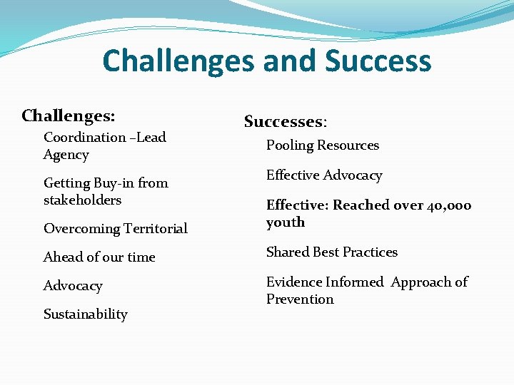 Challenges and Success Challenges: Coordination –Lead Agency Getting Buy-in from stakeholders Successes: Pooling Resources