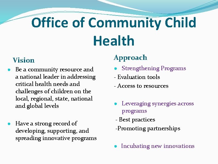 Office of Community Child Health Vision ● Be a community resource and a national