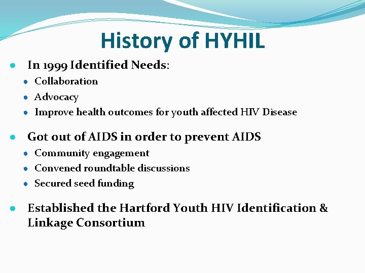History of HYHIL ● In 1999 Identified Needs: ● Collaboration ● Advocacy ● Improve