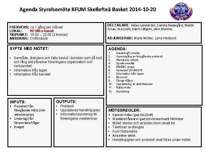 Agenda Styrelsemöte KFUM Skellefteå Basket 2014 -10 -20 FREKVENS: ca 1 gång per månad