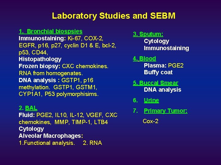 Laboratory Studies and SEBM 1. Bronchial biospsies Immunostaining: Ki-67, COX-2, EGFR, p 16, p