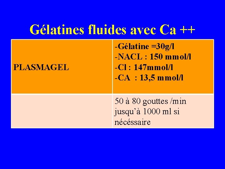 Gélatines fluides avec Ca ++ PLASMAGEL -Gélatine =30 g/l -NACL : 150 mmol/l -Cl