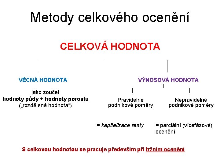 Metody celkového ocenění CELKOVÁ HODNOTA VĚCNÁ HODNOTA jako součet hodnoty půdy + hodnoty porostu