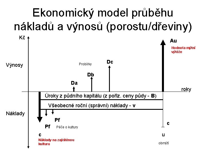 Ekonomický model průběhu nákladů a výnosů (porostu/dřeviny) Kč Au Hodnota mýtní výtěže Probírky Výnosy