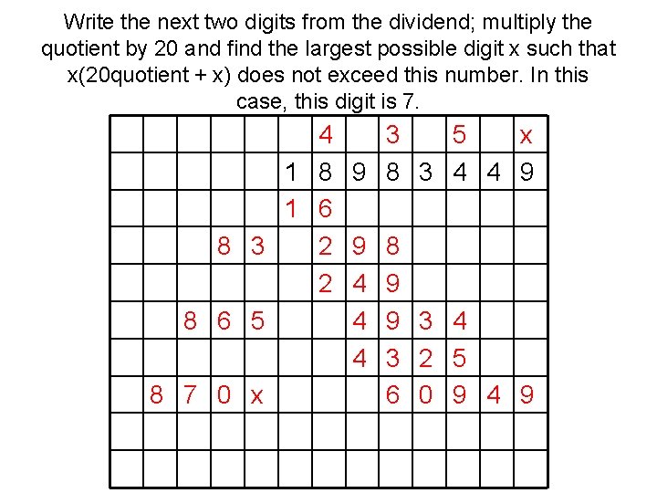 Write the next two digits from the dividend; multiply the quotient by 20 and