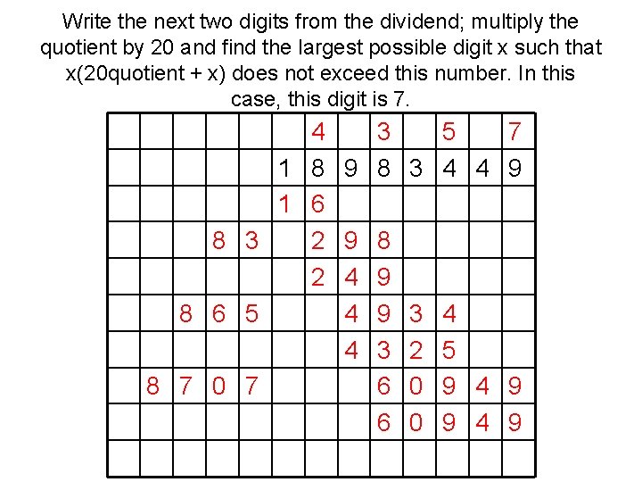 Write the next two digits from the dividend; multiply the quotient by 20 and
