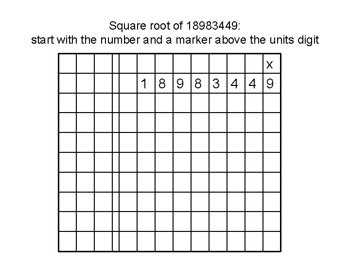 Square root of 18983449: start with the number and a marker above the units