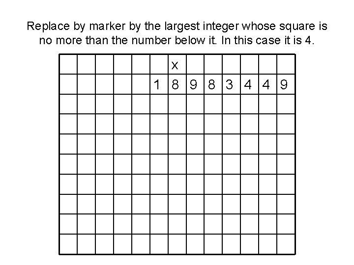 Replace by marker by the largest integer whose square is no more than the