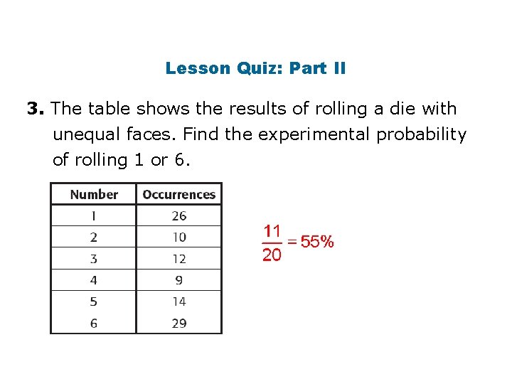 Lesson Quiz: Part II 3. The table shows the results of rolling a die