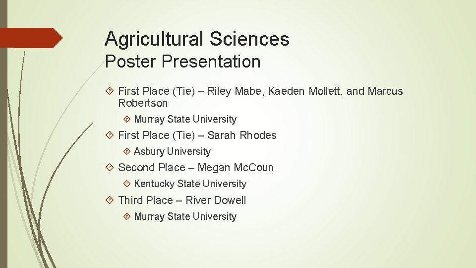Agricultural Sciences Poster Presentation First Place (Tie) – Riley Mabe, Kaeden Mollett, and Marcus