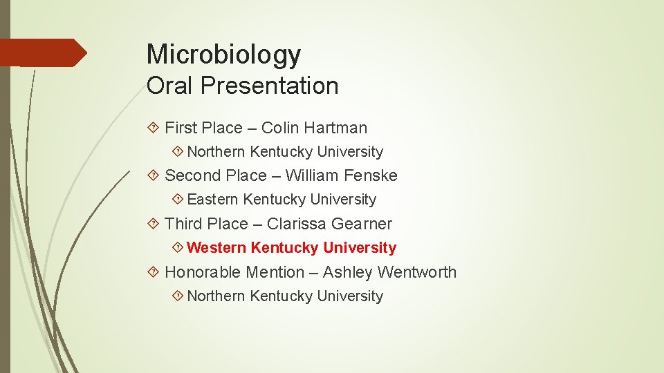 Microbiology Oral Presentation First Place – Colin Hartman Northern Kentucky University Second Place –