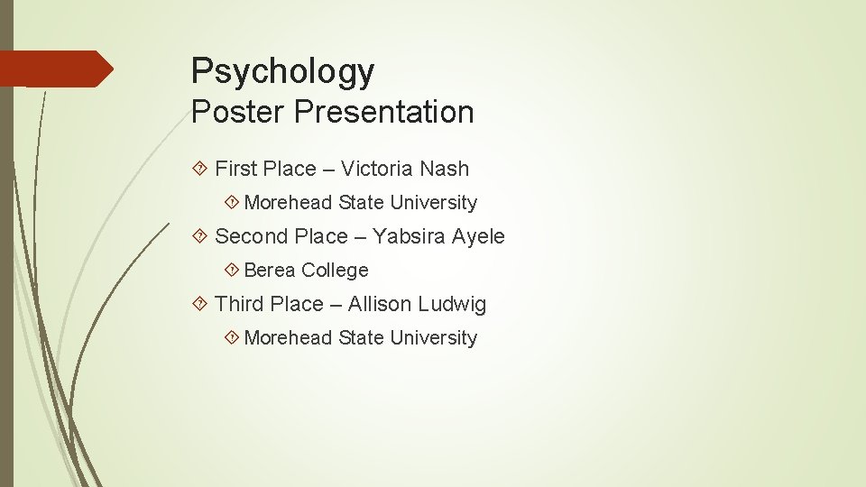 Psychology Poster Presentation First Place – Victoria Nash Morehead State University Second Place –